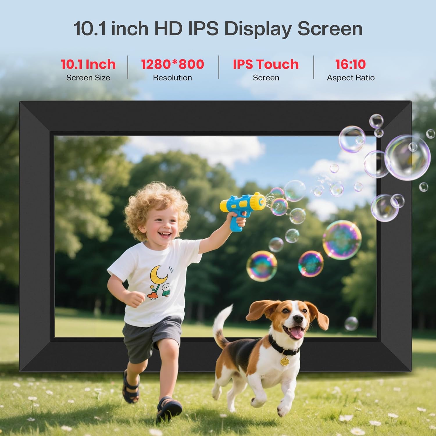 10.1 inch HD IPS digital photo frame displaying a child playing outdoors